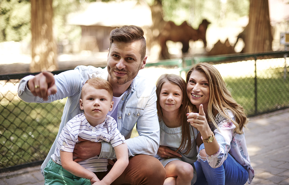 Man sieht eine vierköpfige Familie in einem Zoo oder Tierpark